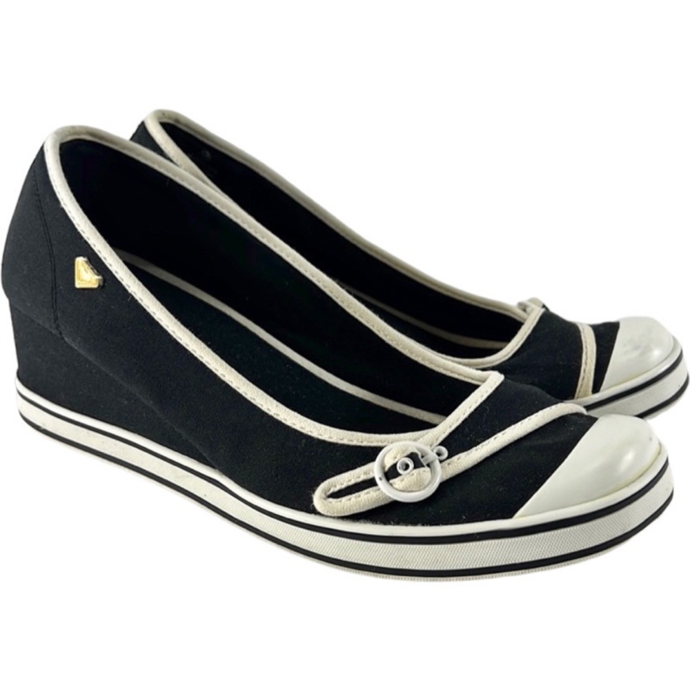 Roxy Women’s Black White Canvas Sneaker Rubber Toe Wedge Heels size 10